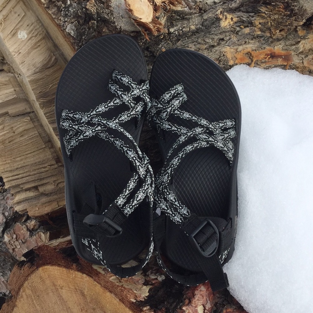 Black and white two strap Chacos